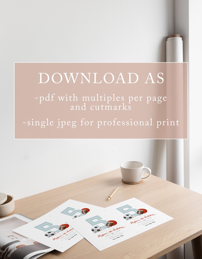 May include: A light wood table displays three printed invitations with a football theme. Each invitation features a large number 5 in blue, a football, and the text "Hudson's 5th Birthday". A mug, pen, and a magazine are also on the table.