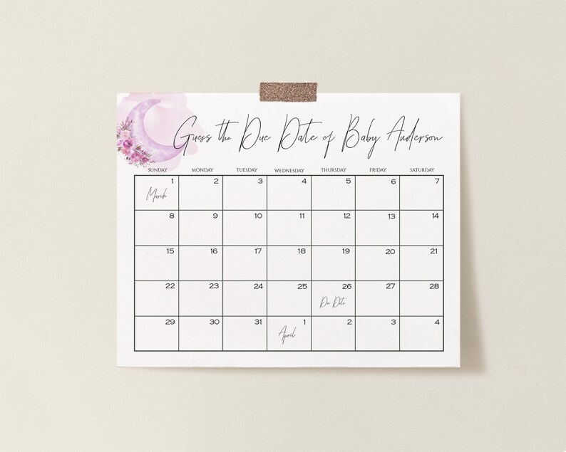 Guess Baby/'s Due Date Calendar Baby Shower Sign Editable Template Instant Download Girl Over the Moon Purple Baby Shower Game