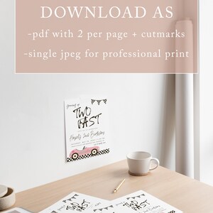 May include: Printable invitation for a child's second birthday party. The invitation features a pink race car with black checkered flags and the text "Growing up Two Fast Hazel's 2nd Birthday".
