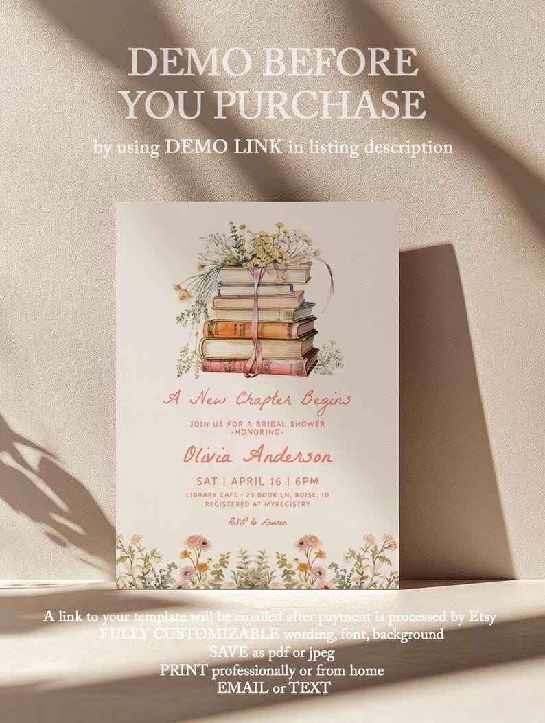 A New Chapter Bridal Shower Invitation Template - Editable Her Next Chapter Begins Wedding Shower Invite - DIY Book Invitation S776 image 5