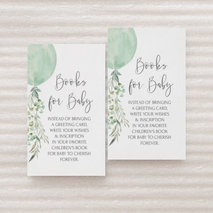Groene ballonboeken voor babykussen | Genderneutrale babyshower Stock the Library Afdrukbare bewerkbare sjabloon Download Bring a Book S118