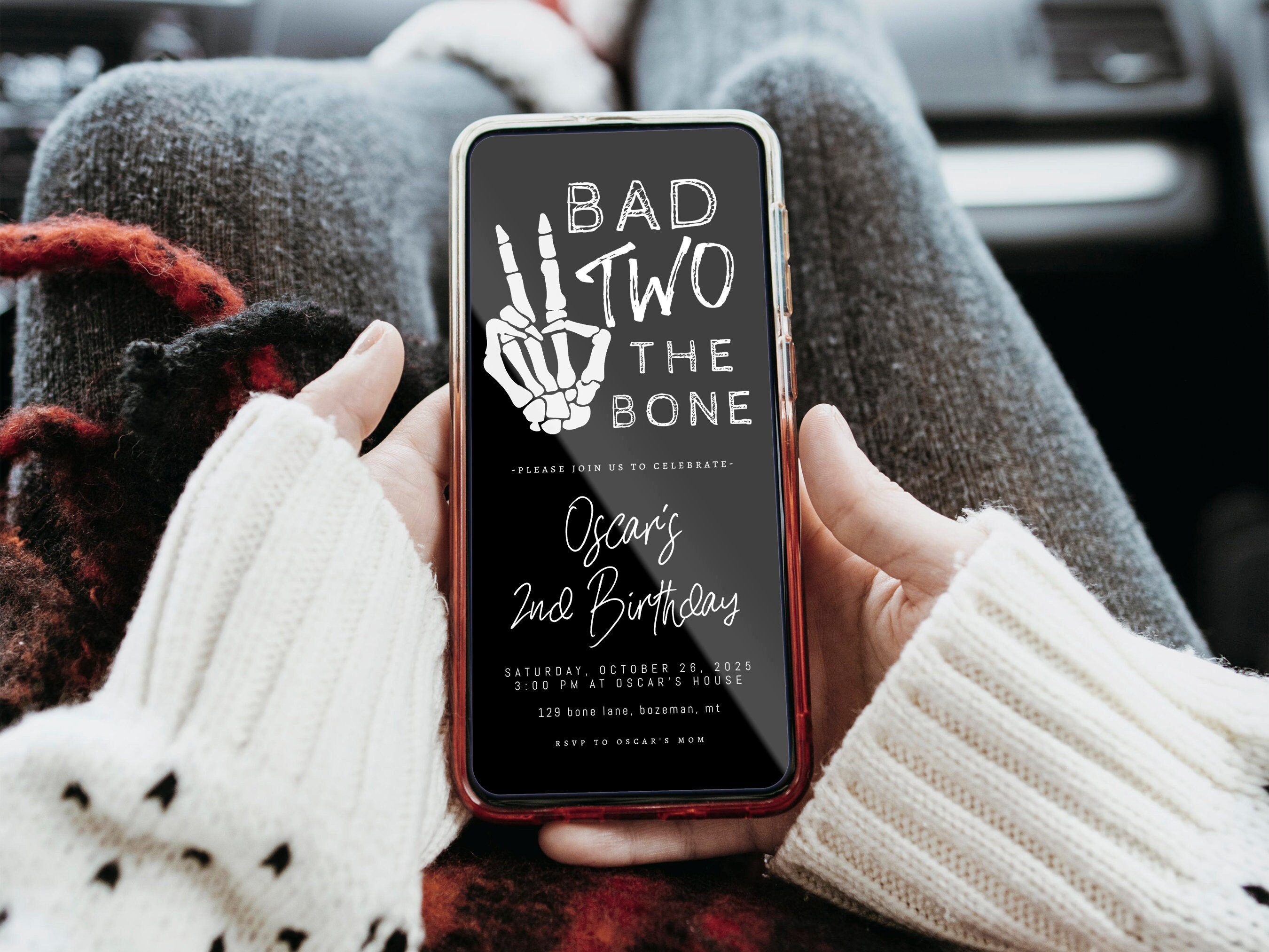 Bad Two the Bone 2nd Birthday Invitation Text Template | Editable Fall Halloween Second Birthday E-Invite Skeleton Peace Hand S366