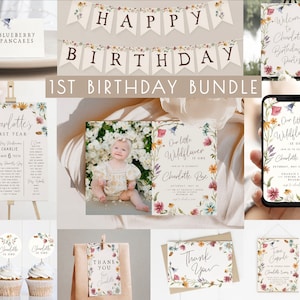 Wildflower 1st Birthday Bundle Editable Template Set | Floral Girl Our Little Wildflower First Birthday Invitation and Decor Package S445