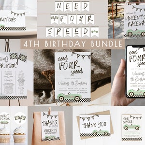 4th Birthday Bundle for Boy | Need FOUR Speed Editable Template Package | Race Car Need 4 Speed Fourth Birthday Decor Set S471