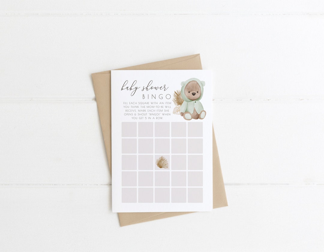 Bear Bingo Baby Shower Printable Game Template, Green Bearly Wait Baby ...
