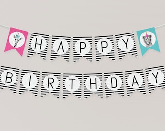 Party Animals Birthday Banner Template | Editable Happy Birthday Printable Pennant Sign Editable Let's Get Wild Bday Decor S595