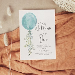 Boy 1st Birthday Invitation Template | Blue Greenery Balloon Bday Editable Invite S101