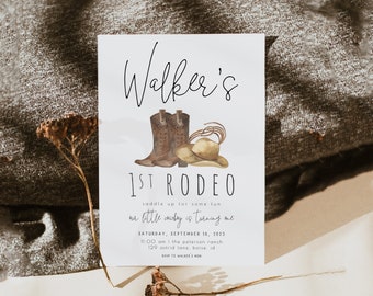 Editable 1st Rodeo Birthday Invitation Template | Our Little Cowboy is One Wild West My First Rodeo Bday Western Invite S229