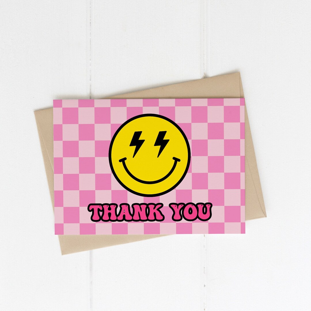Happy Face Thank You Card Template Pink Lightning Bolt Eyes Birthday