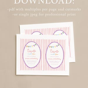 May include: Two much fun birthday invitations. The design features a pink and white striped background with an oval frame. The text includes "two much fun" and "meeves 2nd birthday". The top of the oval has a colorful banner.