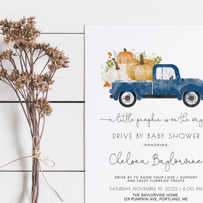Boy Pumpkin Drive By Baby Shower Invitation Blue Pumpkin Etsy