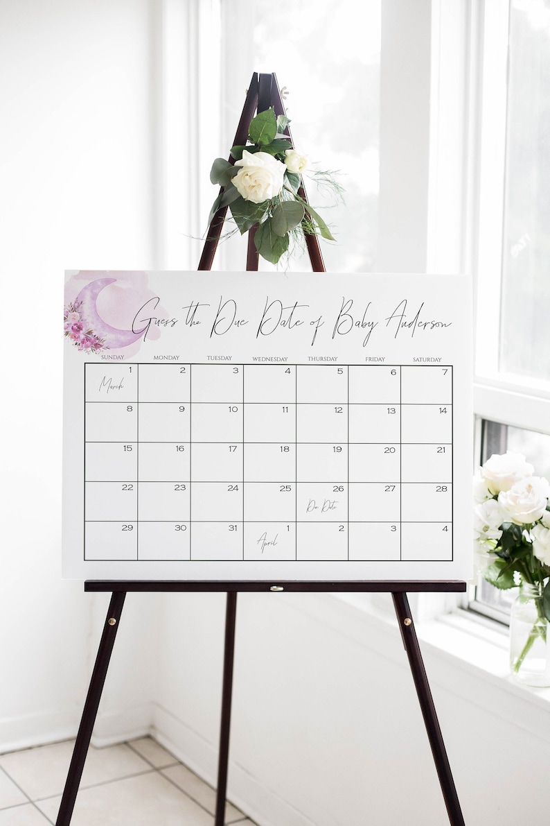 Guess Baby/'s Due Date Calendar Baby Shower Sign Editable Template Instant Download Girl Over the Moon Purple Baby Shower Game