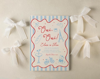 Oui Oui I'm Three 3rd Birthday Invitation - Editable Template - DIY Hand Drawn French Paris Party Invite S989