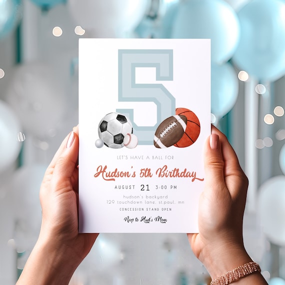 Sports 5th Birthday Invitation Template for Boy | Editable Let's Have a Ball All Star Fifth Birthday Printable Invite S628