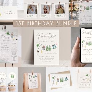 Fishing 1st Birthday Bundle | Editable O-FISH-ally ONE Invitation & Decoration Templates | Boy Reel Fun First Birthday Package Decor S464