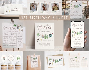 Fishing 1st Birthday Bundle | Editable O-FISH-ally ONE Invitation & Decoration Templates | Boy Reel Fun First Birthday Package Decor S464