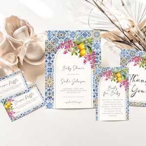 Editable Lemon Baby Shower Template Bundle Set | Mediterranean Blue Tile Baby Shower Invitation and Insert Package Mama&#39;s Main Squeeze S509