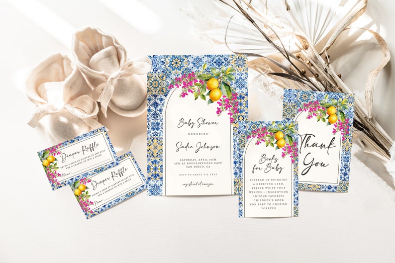 editable lemon mediterranean baby shower template bundle