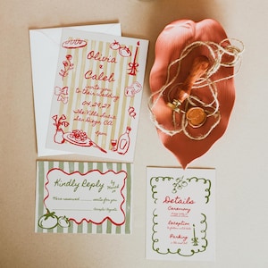 Italiaanse bruidssuite: bewerkbare sjablonen | DIY handgetekende tomaat en pasta huwelijksuitnodiging, RSVP en details kaartbundel S829