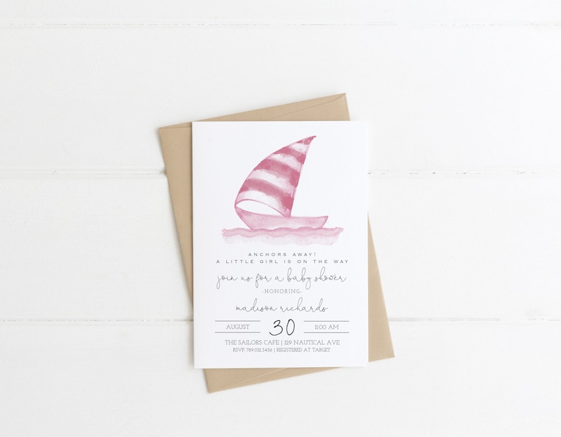Nautical Girl Baby Shower Invitation Pink Sailboat Editable Etsy