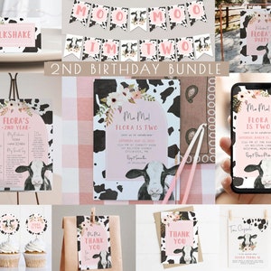Cow 2nd Birthday Bundle Templates | Holy Cow Moo Moo I&#39;m Two Girl 2nd Birthday Editable Decor Package | Second Birthday Set S413
