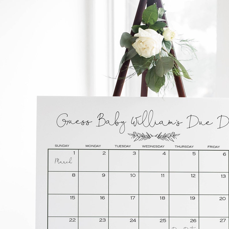 Black White Baby Shower Decor Guess Baby/'s Due Date Calendar Baby Shower Game Sign Gender Neutral Editable Template Download S130