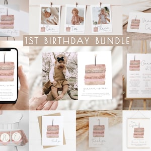 Pacchetto di modelli modificabili per il primo compleanno di una bambina / Invito e decorazioni per il primo compleanno con torta rosa cipria S171