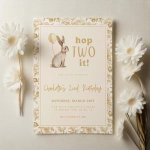 Bunny 2nd Birthday Invitation Template | Editable Yellow Hop TWO it Second Birthday Printable Invite | Some Bunny is 2 Rabbit Bday S782