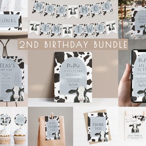 Cow 2nd Birthday Bundle Templates | Holy Cow Moo Moo I'm Two Boy 2nd Birthday Editable Decor Package | Second Birthday Set S414