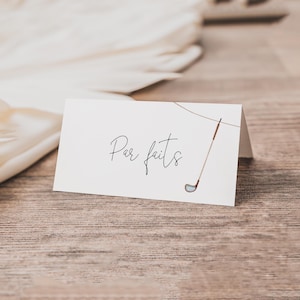 de golf tente de restauration | Modifiables Un petit putter est en route Marque-places pour baby shower | Étiquette imprimable pour nom de golf pliée S539