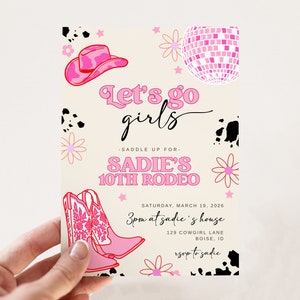 Let's Go Girls Birthday Invitation Template Editable Hot Pink Cowgirl Birthday Party Disco Rodeo Western Invite S536 image 6