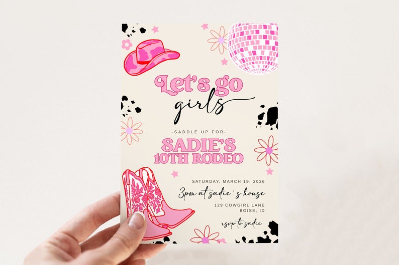 Let's Go Girls Birthday Invitation Template Editable Hot Pink Cowgirl Birthday Party Disco Rodeo Western Invite S536 image 6