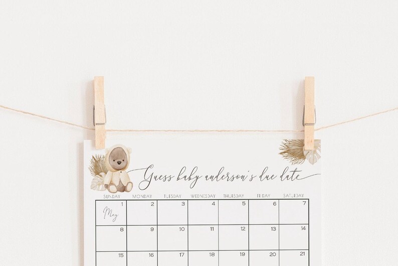 Bear Guess Baby's Due Date Template Editable Calendar Bearly Wait Baby Shower Game Sign Beary Cute Decor S180 image 4