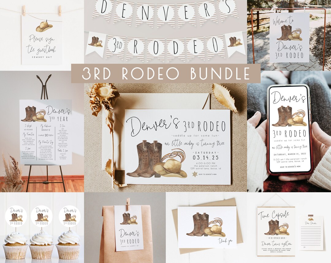 3rd Rodeo Birthday Bundle Editable Templates | Cowboy Invitation ...