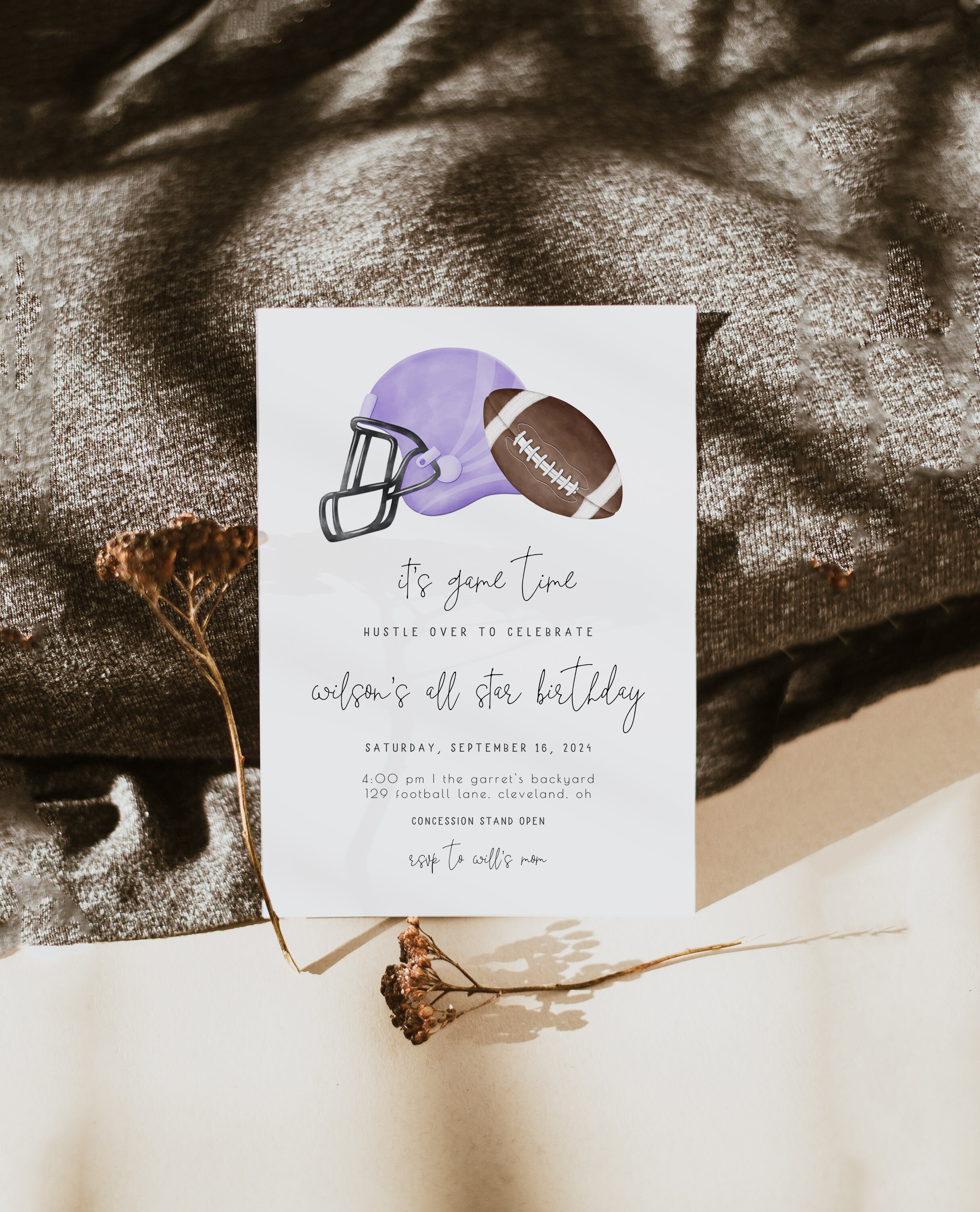 Purple Football Birthday Invitation Template All Star Bday Editable Printable Invite Rookie Year S283