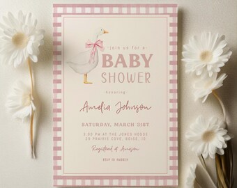 Plantilla de invitación para baby shower de ganso para niña / Invitación imprimible editable de ganso rosa / Silly Goose está en camino S726