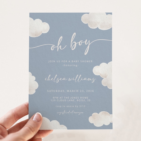 Bearbeitbare Junge Babypartyeinladungsvorlage | Oh Boy Cloud Babyparty druckbare einladen | Auf Wolke Sieben S522