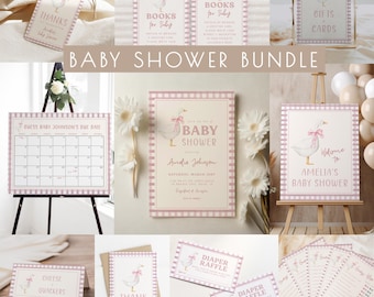 Sjablonen voor babyshowerbundel met gans voor meisjes | Bewerkbaar gansjeroze afdrukbaar pakket | Silly Goose komt eraan S726