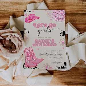 Let&#39;s Go Girls Birthday Invitation Template | Editable Hot Pink Cowgirl Birthday Party | Disco Rodeo Western Invite S536