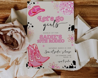 Let's Go Girls Birthday Invitation Template | Editable Hot Pink Cowgirl Birthday Party | Disco Rodeo Western Invite S536