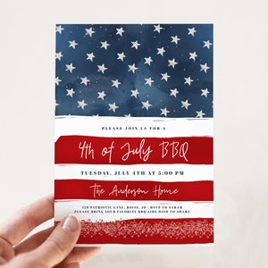 4th of July BBQ Invitation Template | Editable Red White and Blue Birthday Invite | Independence Day Barbeque Party S495