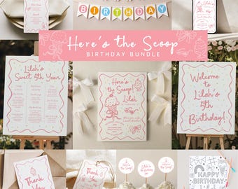 Ice Cream Birthday Bundle - Editable Here's the Scoop Template Set - Digital Download Birthday Decor Package S886