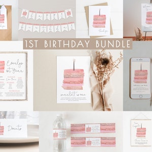 Pacchetto di modelli modificabili per il primo compleanno di una bambina / Pacchetto di decorazioni rosa per il primo compleanno per bambina S169