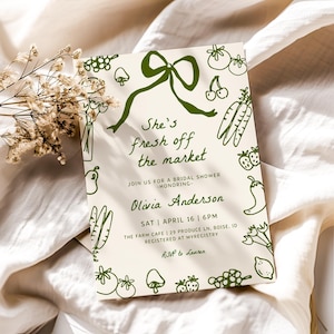 Modèle d'invitation nuptiale de douche fraîchement sorti du marché | Invitation de douche de mariage S791 dessinée à la main pour le marché fermier et le marché, modifiable