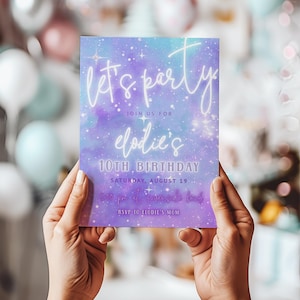 Neon Light Birthday Invitation | Purple Galaxy Girl Teen Birthday Invite Editable Template S246