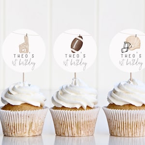 Football Cupcake Toppers Template | Editable Brown Rookie Year Birthday Cupcake Decor Printable S274