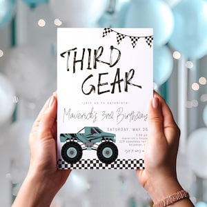 Monster Truck Birthday Invitation Template | Editable Third Gear Monster Truck Birthday Invite | Racing Third Bday S816