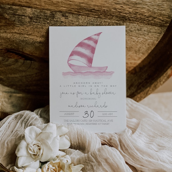 Nautical Girl Baby Shower Invitation | Pink Sailboat Editable Baby Sprinkle Template Anchors Away Invite S140