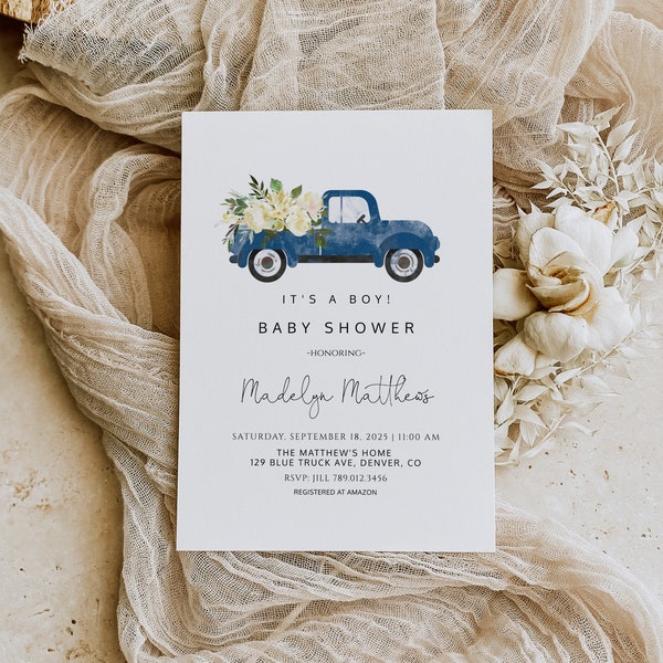 Truck Baby Shower Invitation | Navy Blue Vintage Truck Boy Baby Sprinkle Editable Template | It's a Boy Invite S111