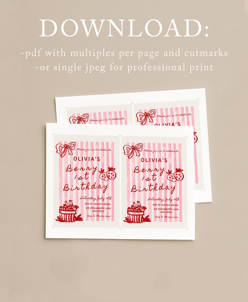 Berry 1st Birthday Invitation - Editable Template - DIY Hand Drawn Strawberry Birthday Party Invite for Girl S857 image 5